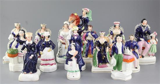 A collection of fifteen Staffordshire pottery figures of the Royal family, mid 19th century, 13.5 - 22cm, some restorations